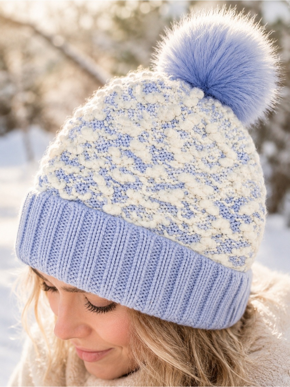 Free People Blue Chunky Knit Beanie Big Sky Pom Fleece Lined O/S